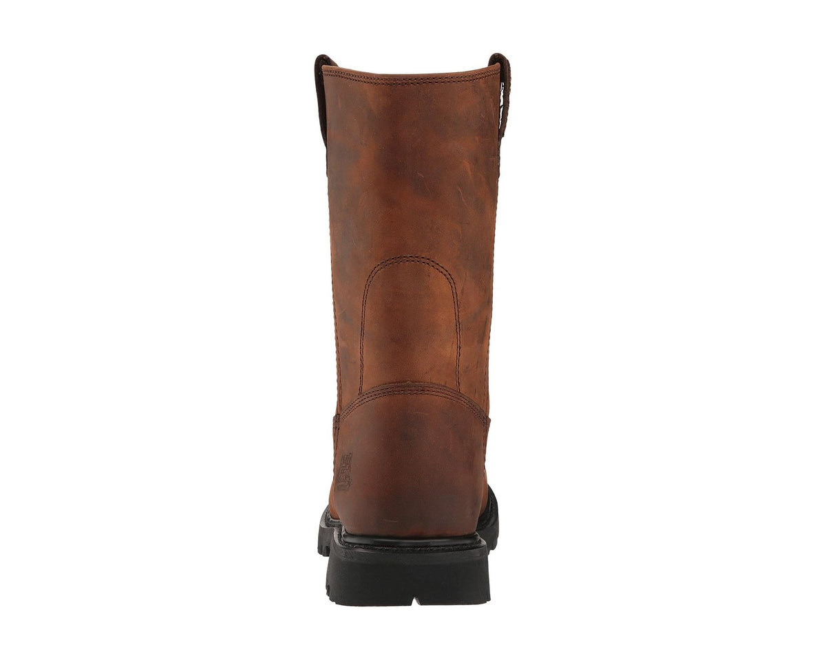 Brown pull-up leather pull-on boot back view with heel and padded collar