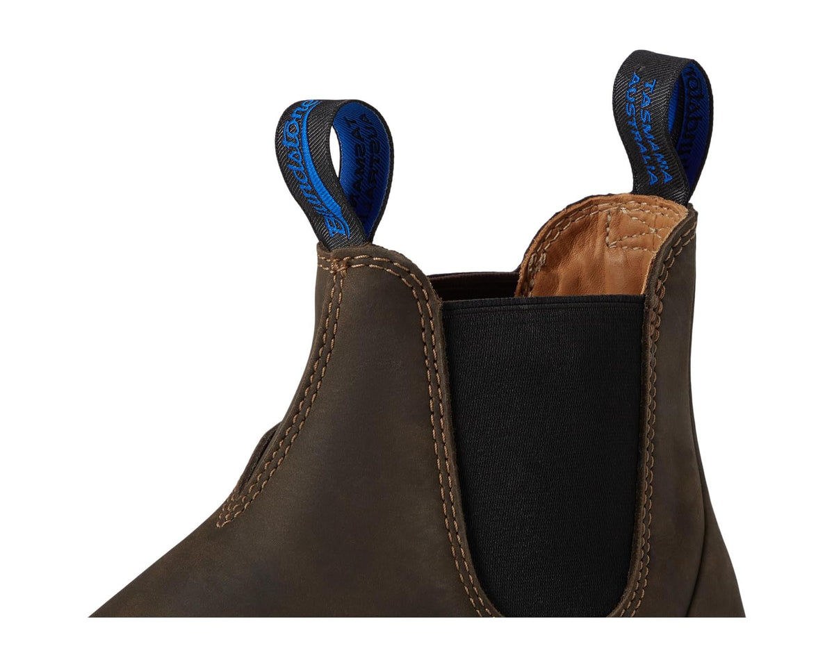 Rustic brown suede Chelsea boot upper with black elastic panel and blue pull tabs