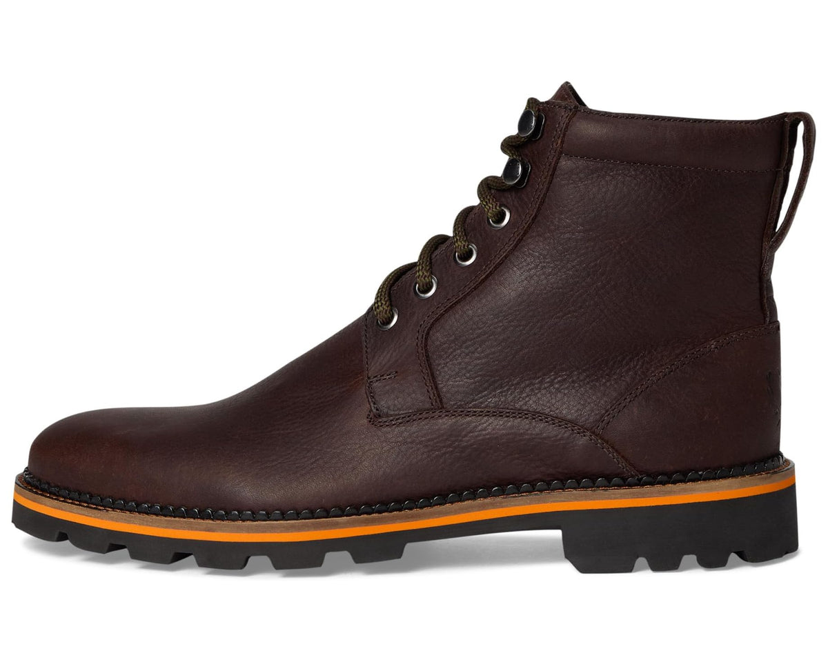 Men's walnut leather boot with lace-up, pull tab, and orange-trim lug sole