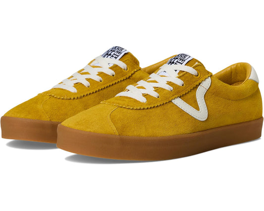 Mustard yellow suede low-top sneakers with white laces and gum sole, Vans