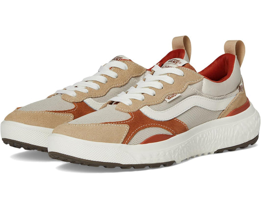 Oatmeal and orange mesh-and-suede unisex sneakers with thick white platform sole