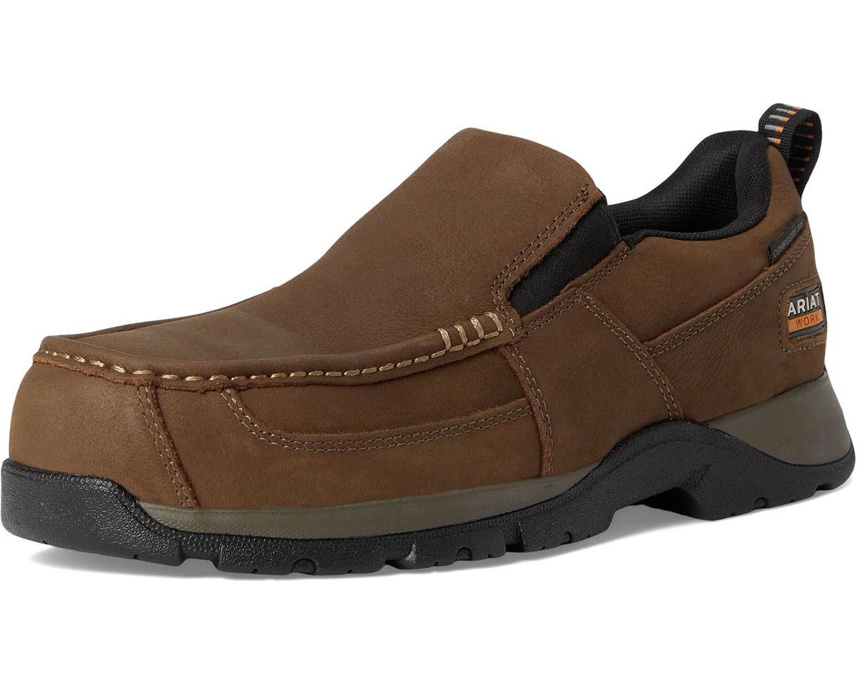 Dark brown suede slip-on work shoe with elastic gore and black tread sole