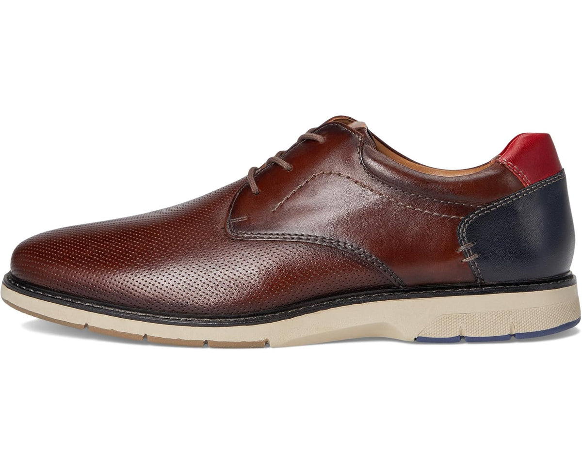 Dark brown lace-up dress shoe with navy side panel and red heel accent