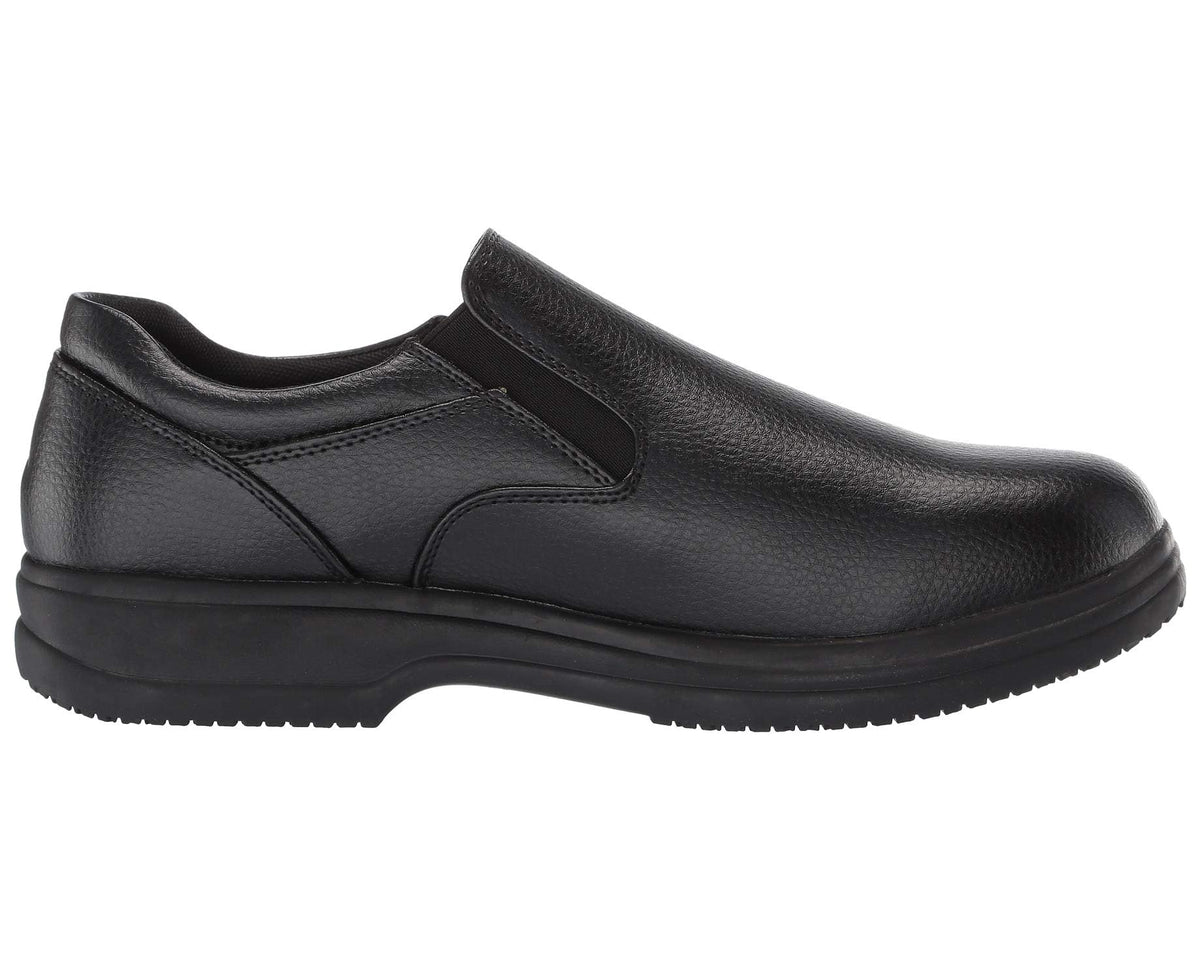 Black men's slip-on work shoes with dual seam detailing and rubber sole