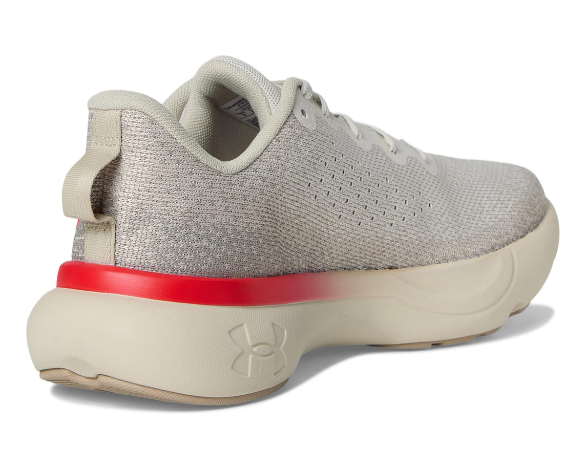 Men's Under Armour heel view, light gray knit with red outsole band