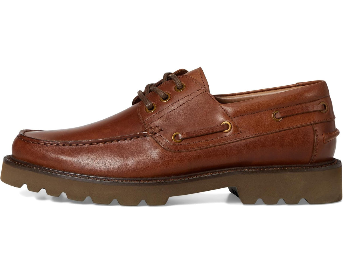 Men's tan leather boat shoe lace-up with padded collar and rugged rubber sole