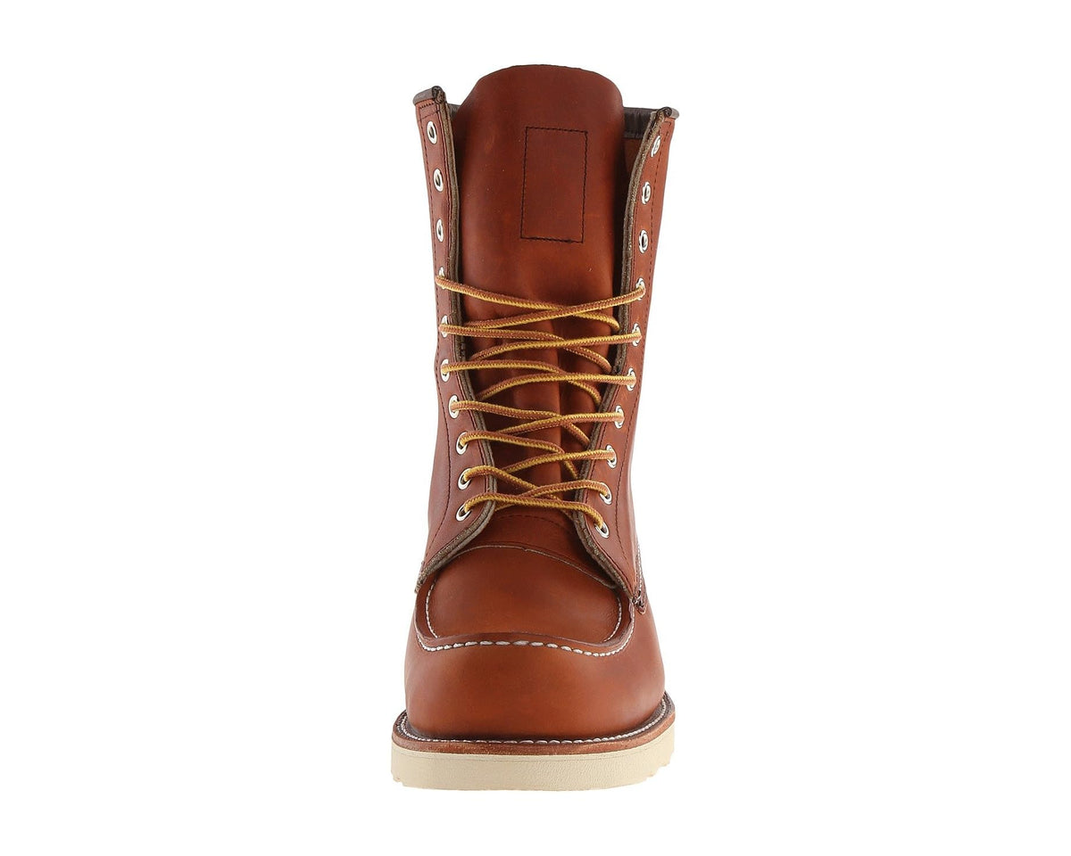 Red Wing Heritage moc-toe boot back view, brown leather with lace-up panel and loop tabs