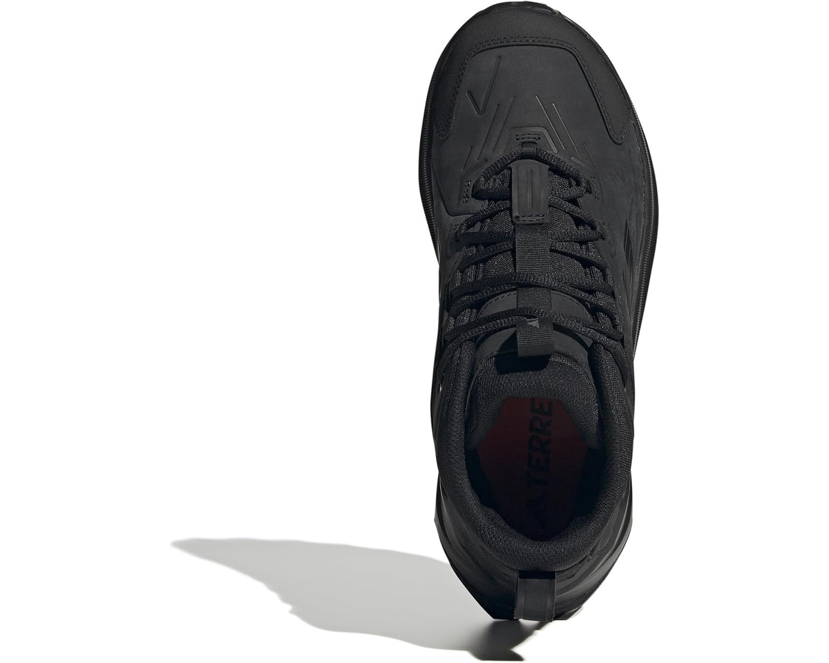 Men's black lace-up hiking shoes viewed from the toe and padded collar