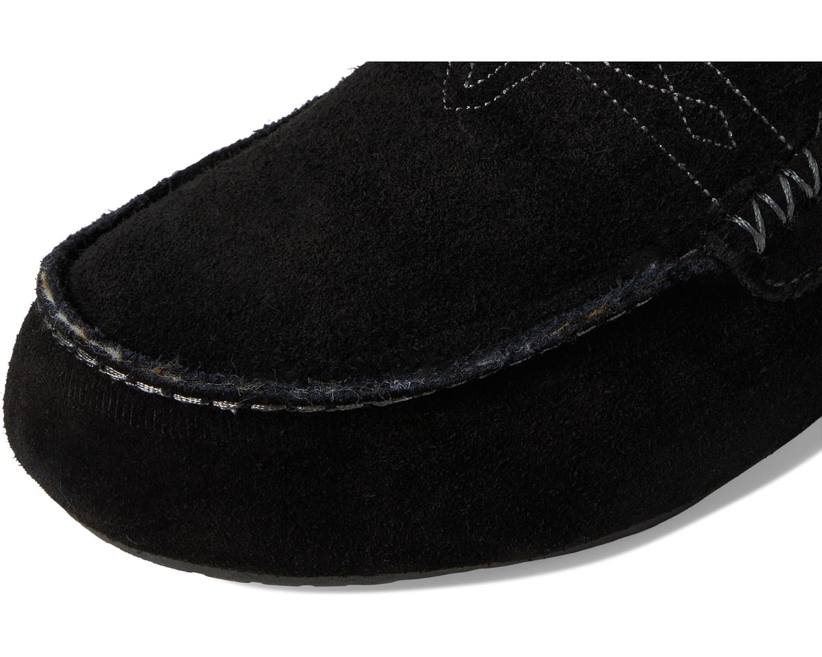 Black suede moccasin slipper close-up with stitched detailing and padded toe edge