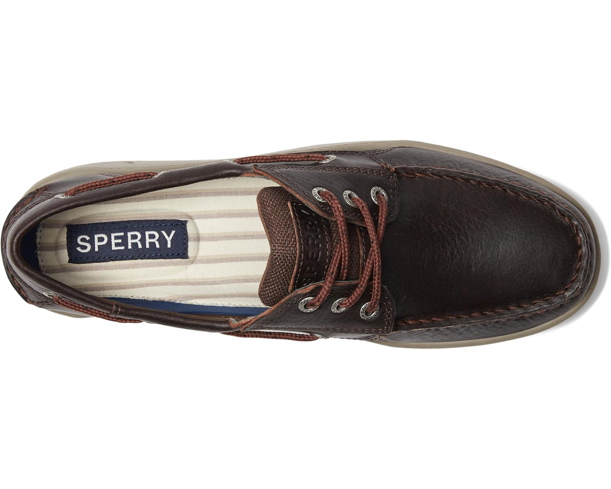 Sperry deck shoe interior view, brown leather upper and striped fabric lining