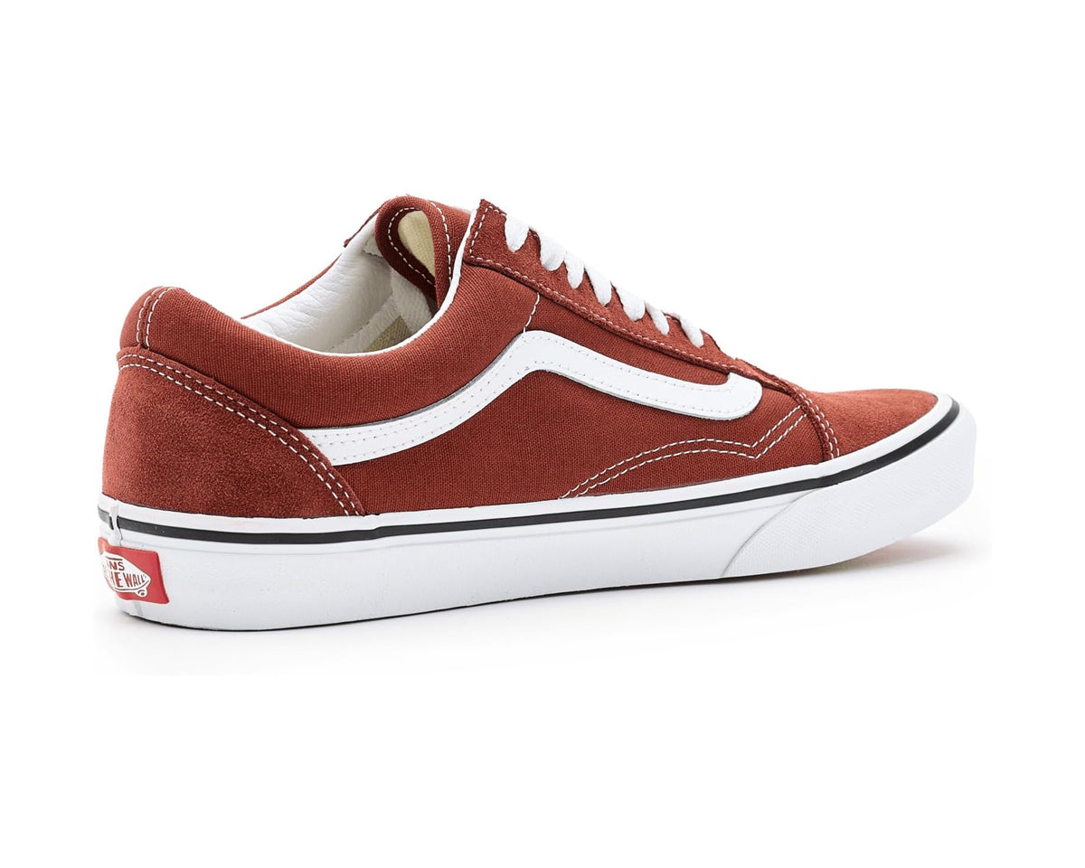 Rust bronze Vans Old Skool sneaker with suede upper, white midsole, and side stripe