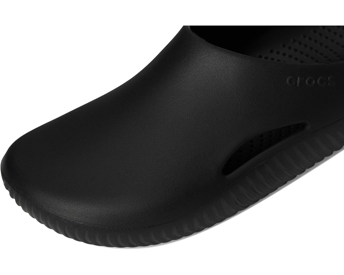 Black Crocs clog upper with smooth finish and perforated vent detail