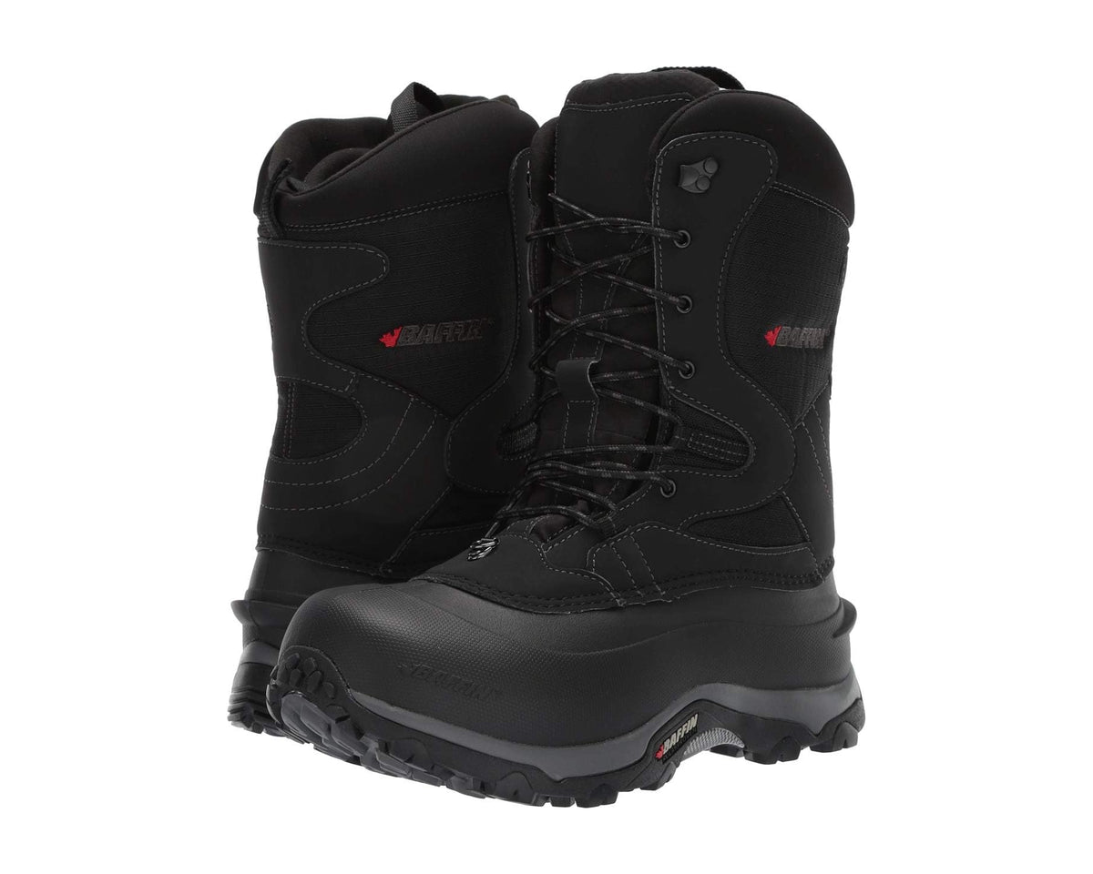 Black lace-up winter boots with padded collar and rugged tread sole