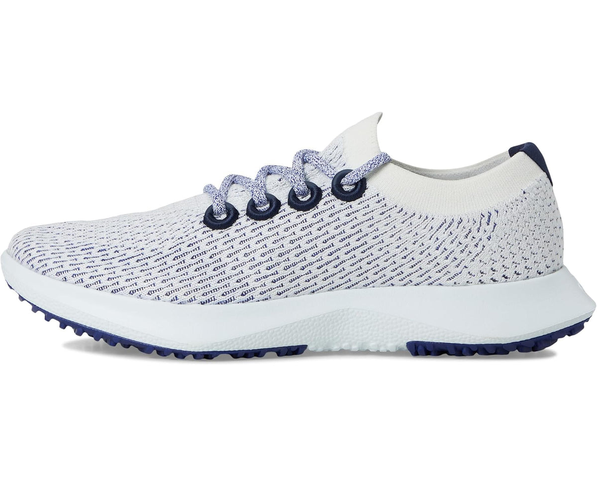 Allbirds Tree Dasher 2 men's sneakers, front 3/4 view, blue laces and white sole
