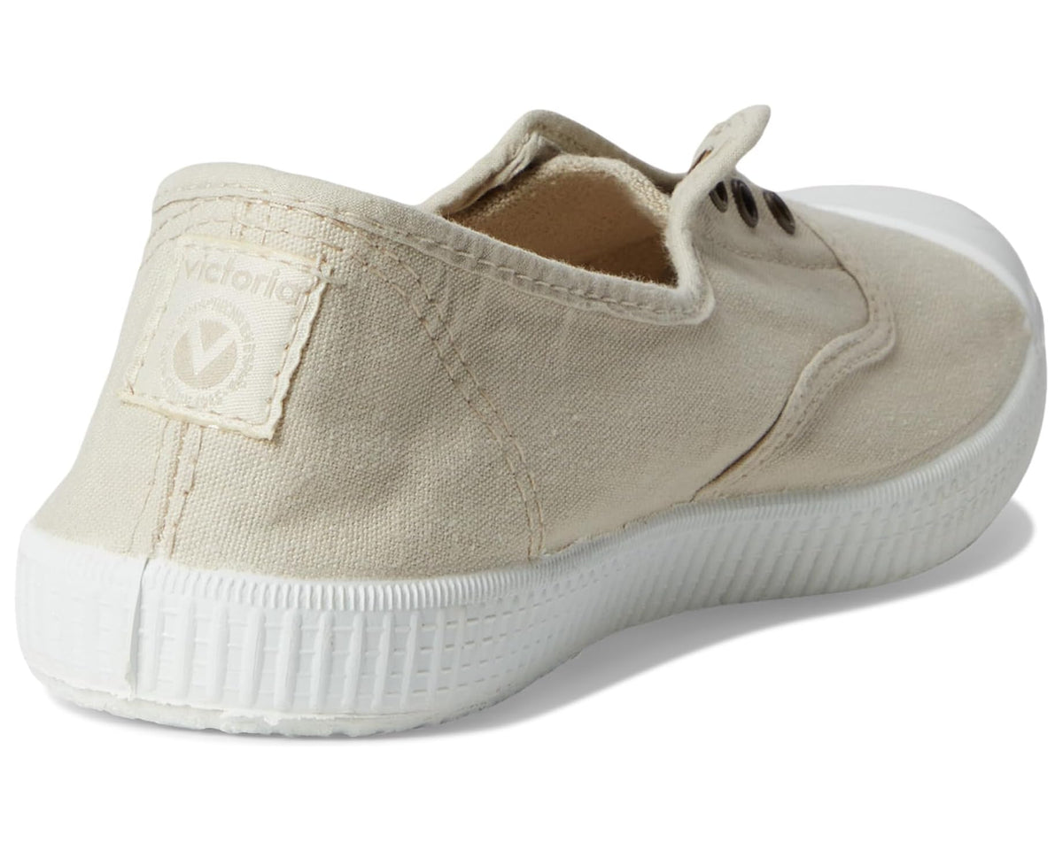 Women's beige canvas sneakers with back panel and cushioned collar