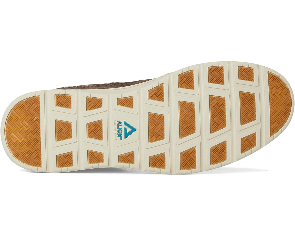 Men's dark brown suede sneaker outsole with textured tread and blue logo