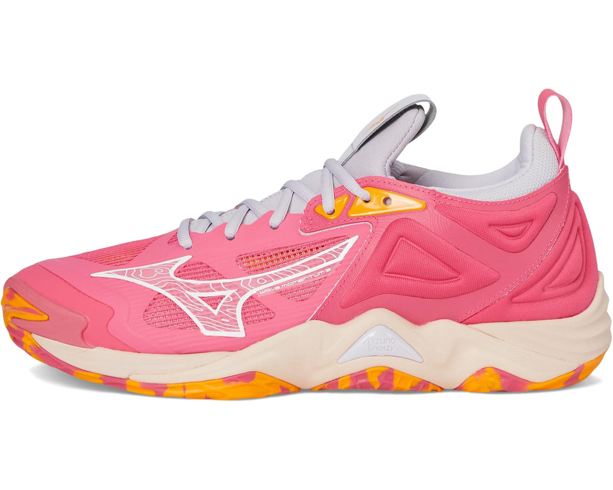 Unisex Mizuno Wave Momentum 3 running shoe, pink mesh upper with cushioned collar.