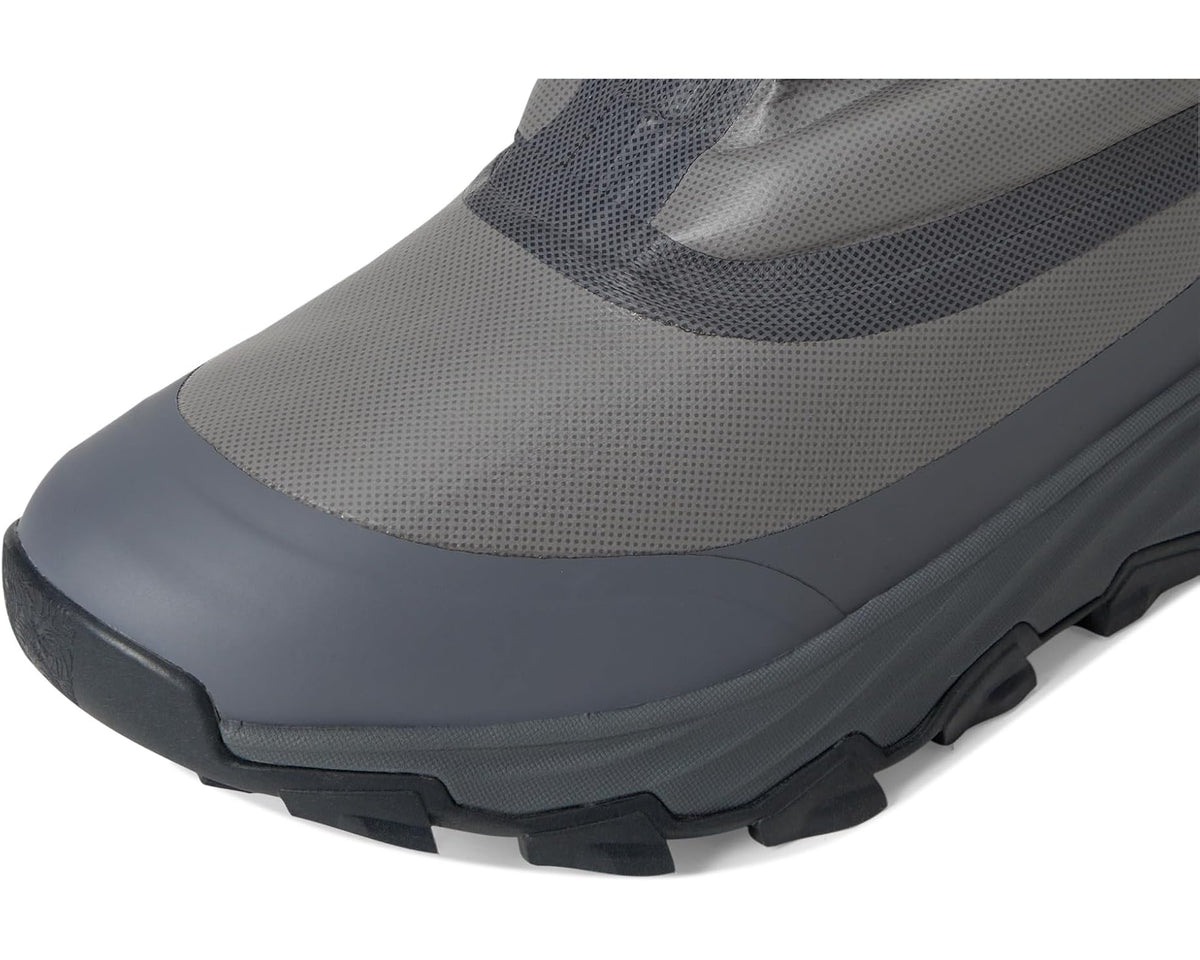 Men's hiking boot front with dark blue sole and gray textured upper panels