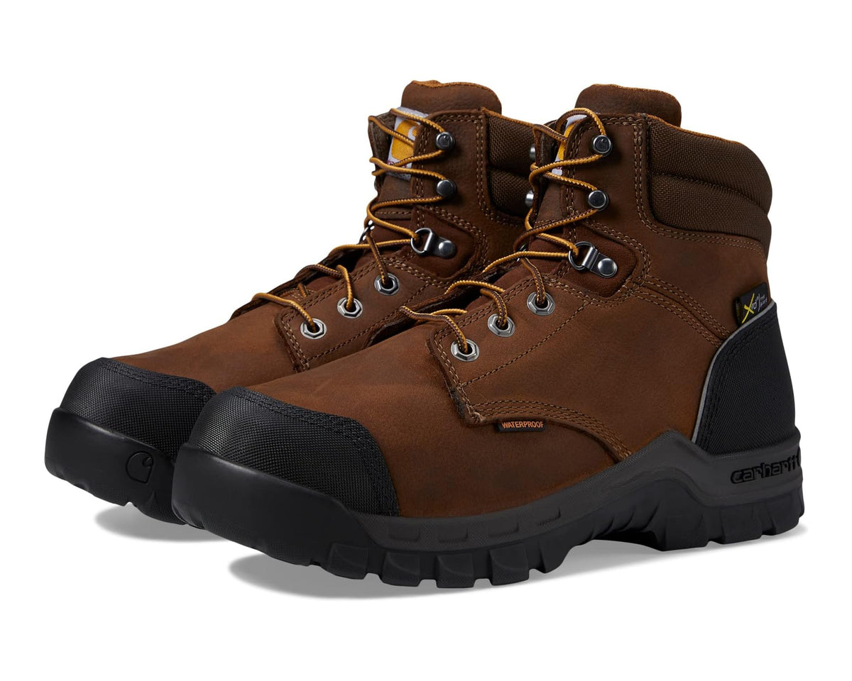 Men's Carhartt lace-up work boots, brown oil-tanned leather with black toe guard