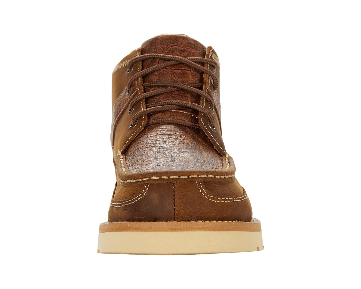 Men's chukka boot toe view, brown distressed leather with lace-up closure and tan sole