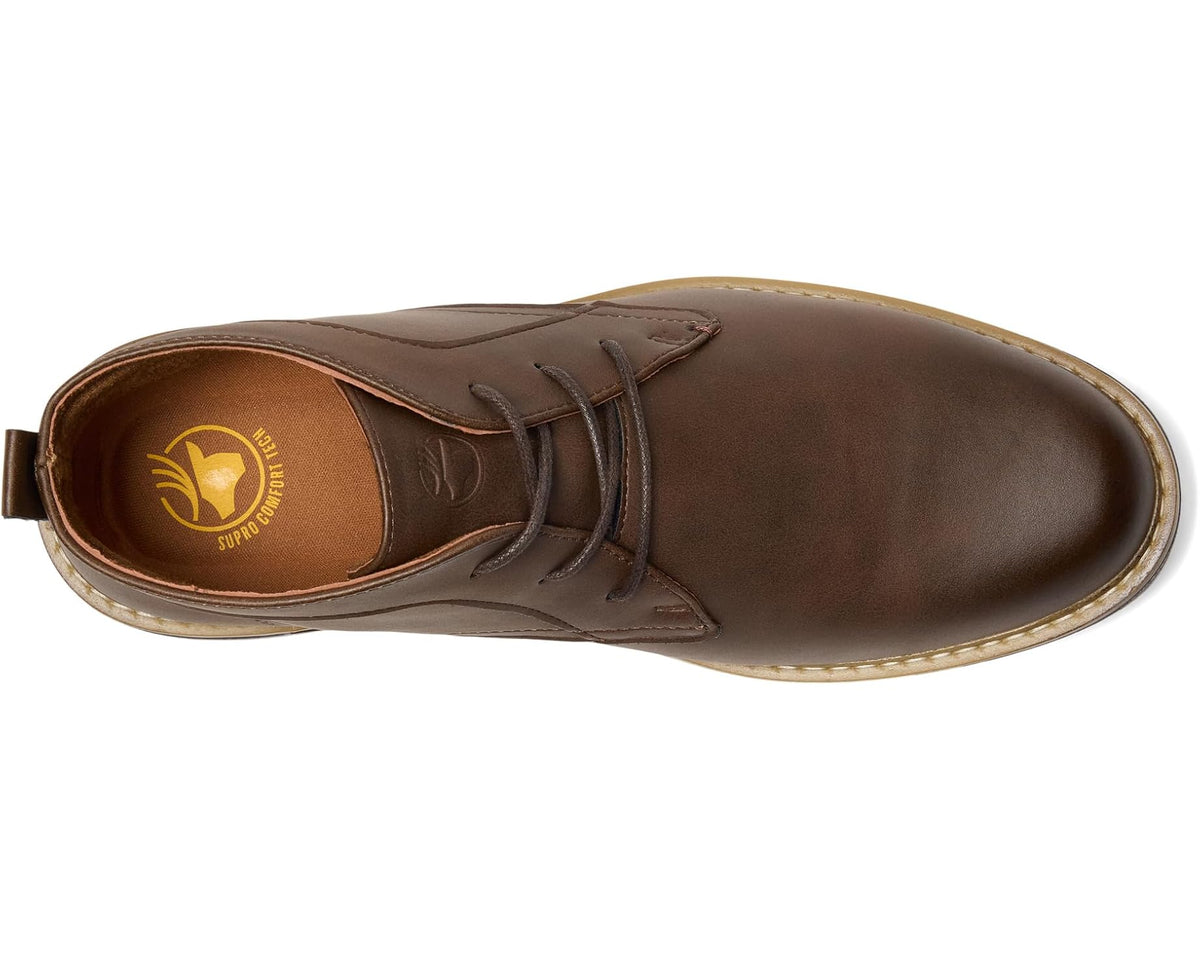 Dark brown lace-up boot with padded collar and textured, light-trimmed outsole