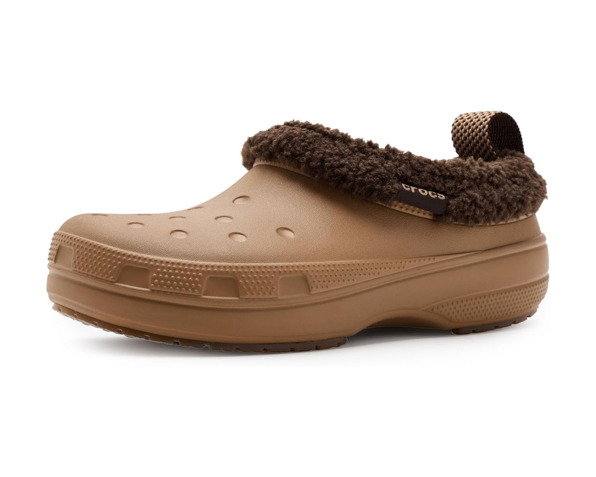 Sepia Crocs lined shorty boots with brown faux-fur collar and perforated clog sides