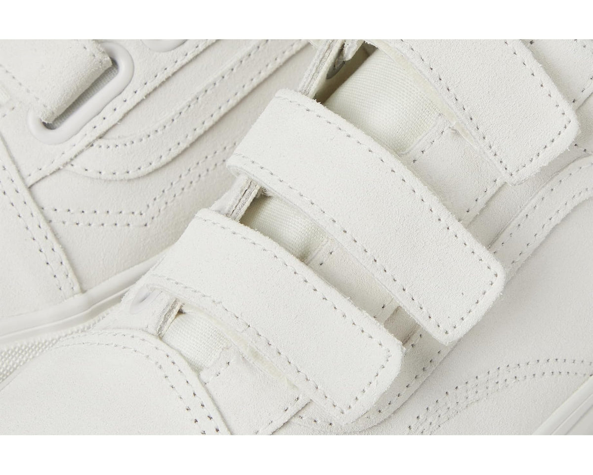 Close-up of white hook-and-loop straps and stitched leather-style panels