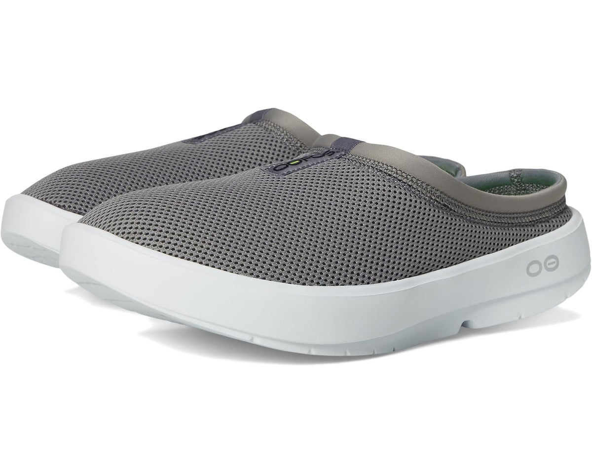 OOFOS OOcoozie mule shoe in slate, mesh upper and cushioned white sole