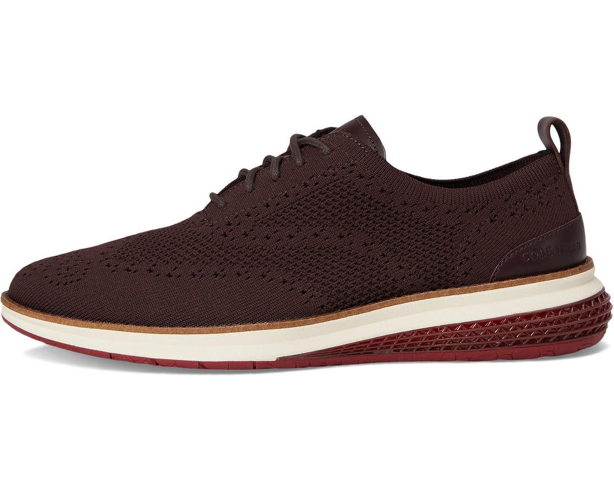 Men's knit wingtip oxford sneaker in dark brown with cream midsole and red-trim tread