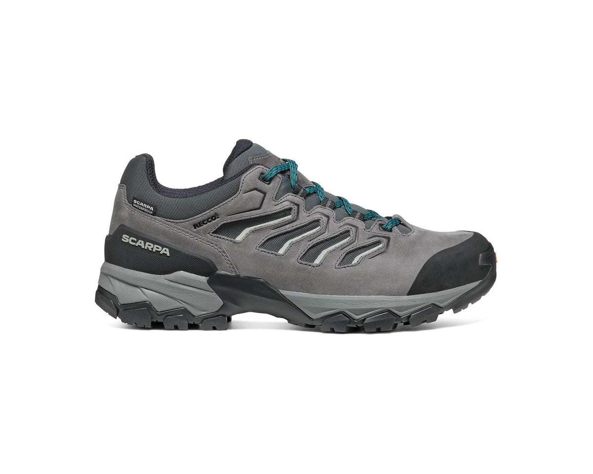 Anthracite SCARPA trail shoe with teal laces and protective toe guard