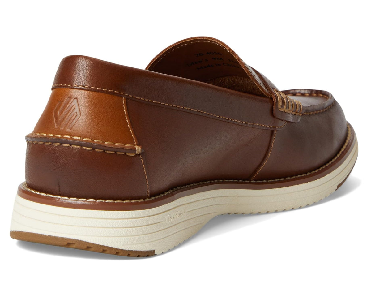Men's penny loafer heel view, brown leather back with stitched detailing and cushioned collar