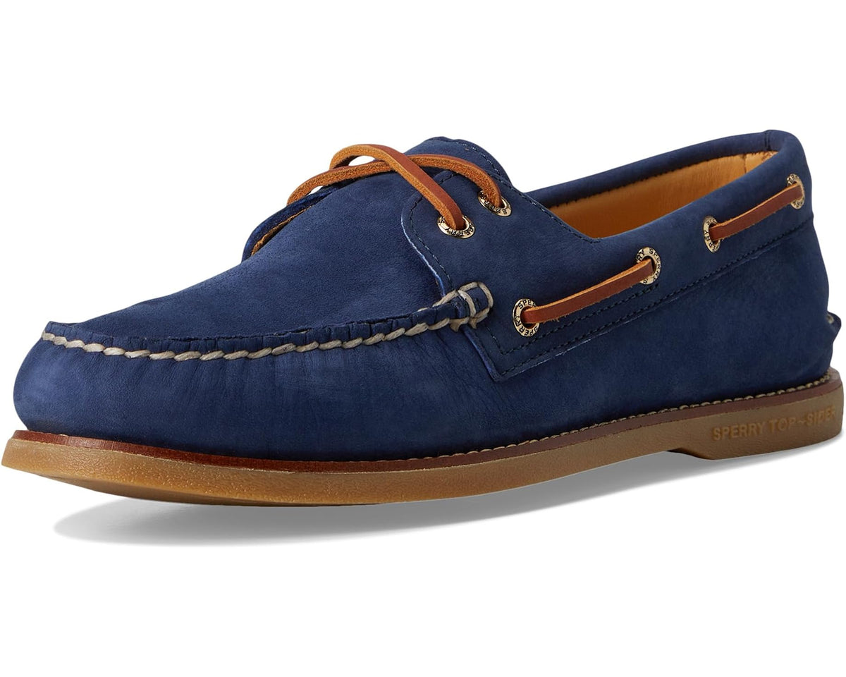 Navy suede 2-eye boat shoes side view with brown lace-up straps and tan sole