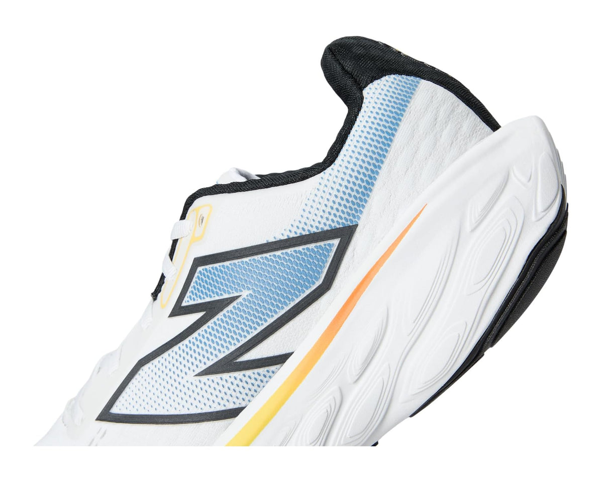 White running shoe side with blue mesh, black logo, yellow stripe and ribbed sole