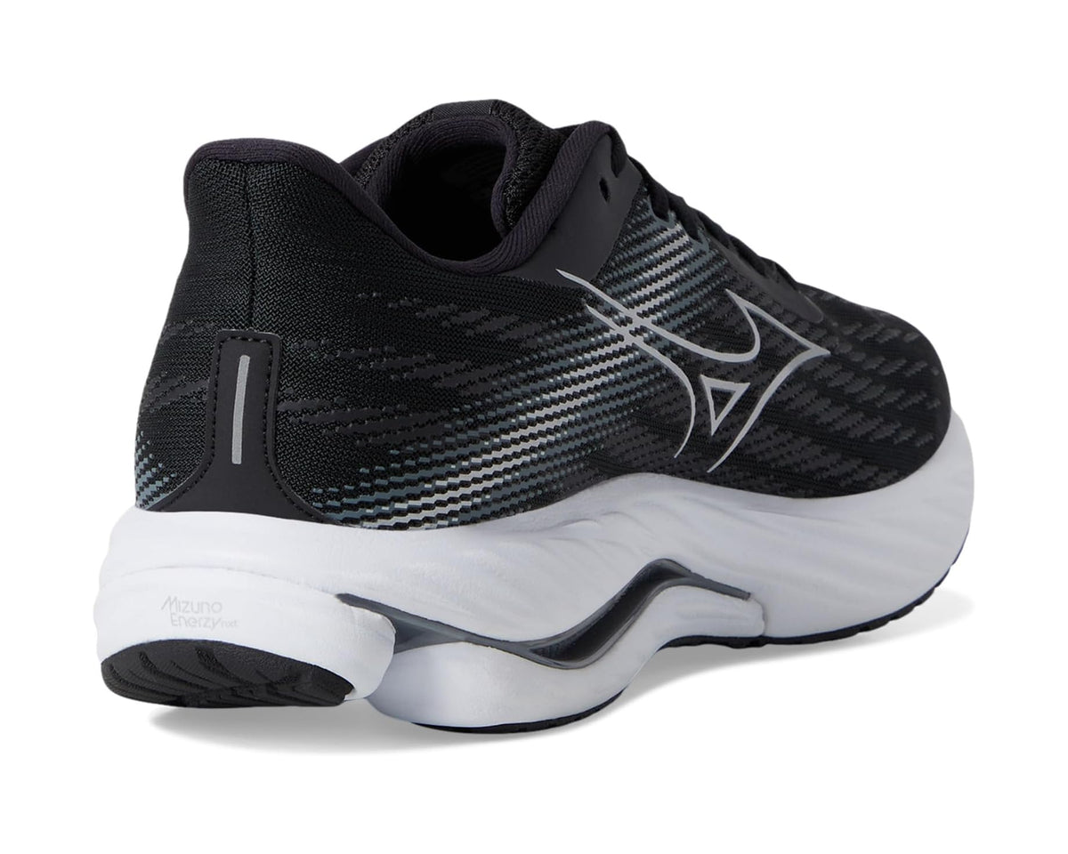 Men's Mizuno running shoe heel and side view with black upper and white midsole