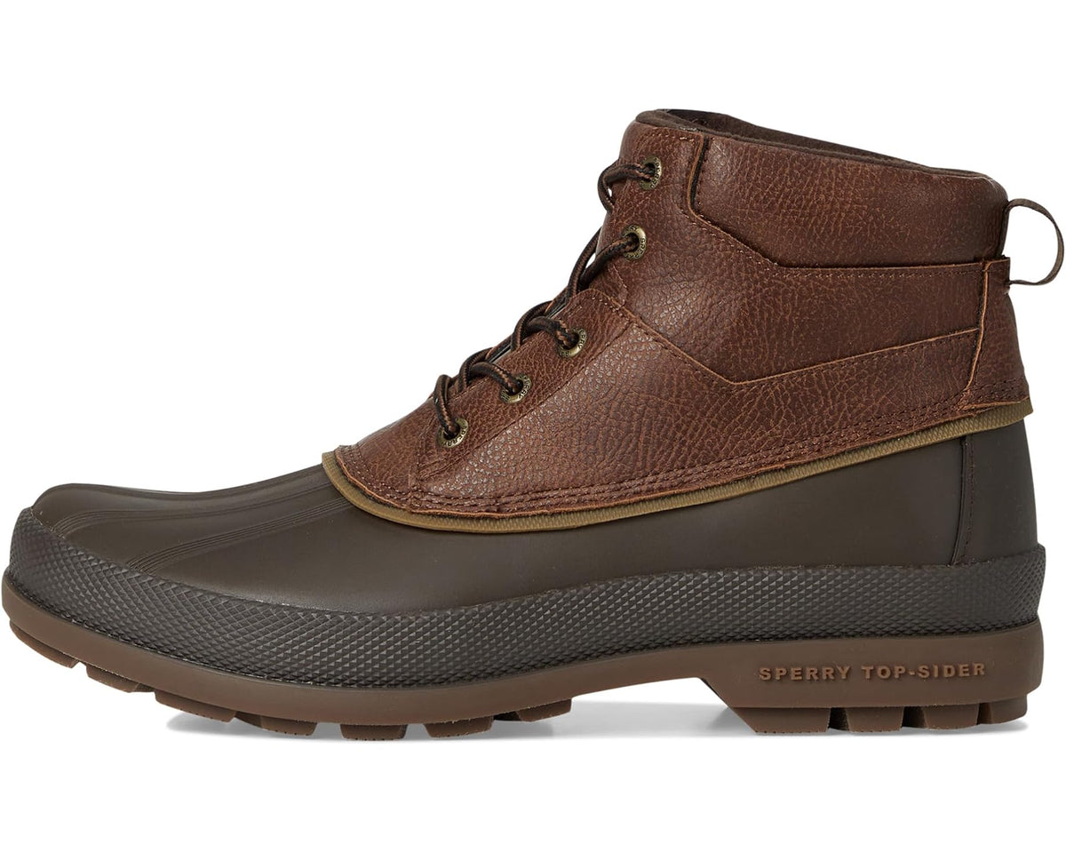 Brown chukka boots with lace-up front, side pull loop, and dark rubber sole