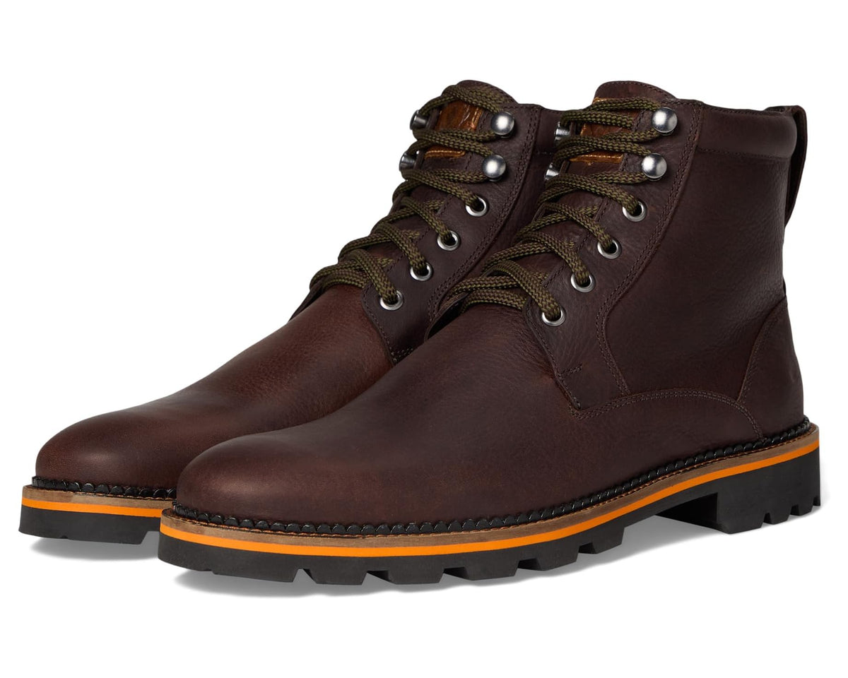 Men's walnut lace-up bad weather boot, padded collar, orange-trim lug sole
