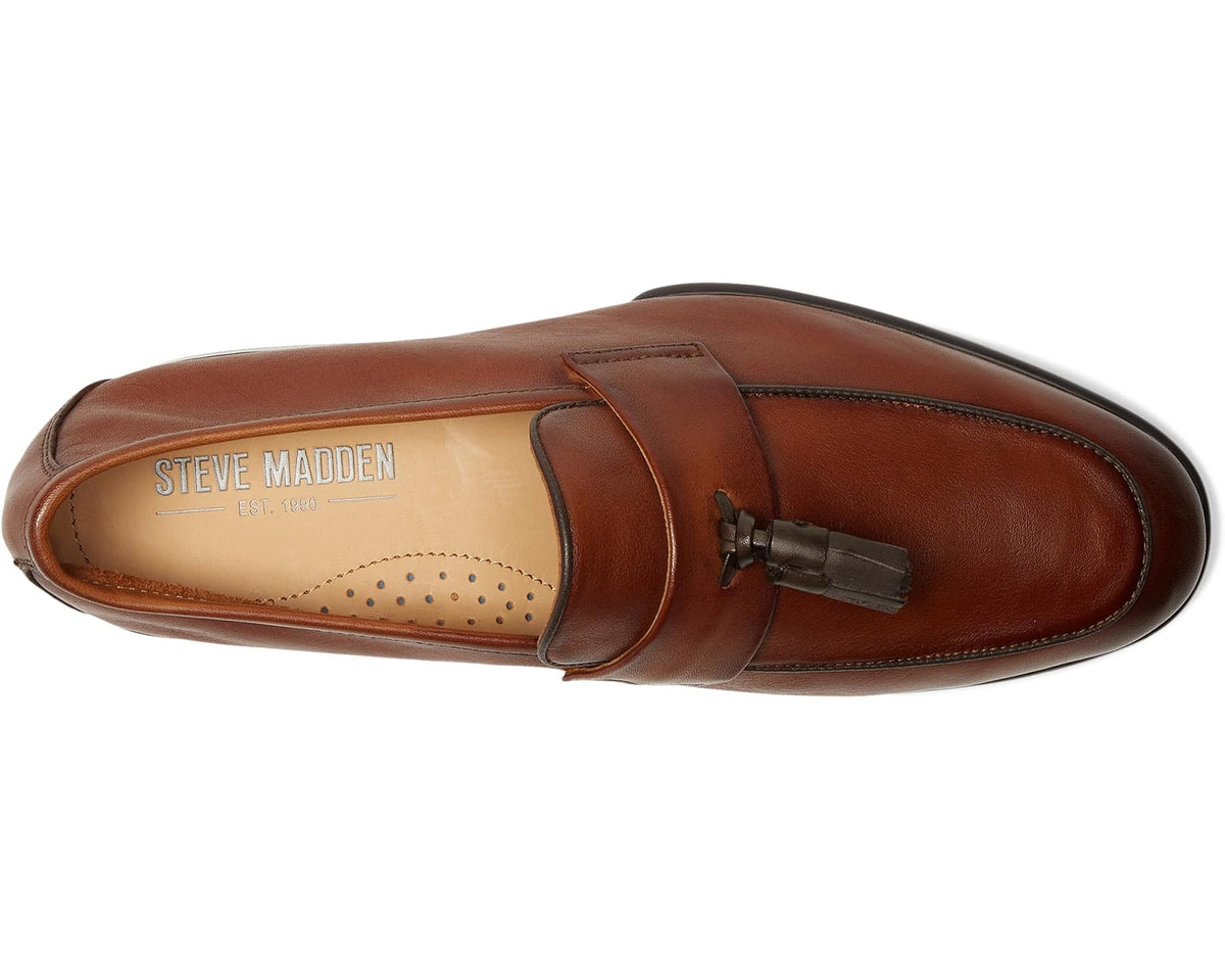 Steve Madden tan leather loafer with side strap and moc toe stitching