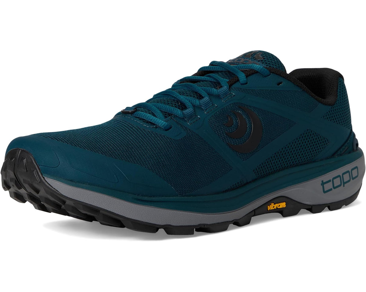 Men's teal trail running shoes with black lining, lace-up front and grippy outsole