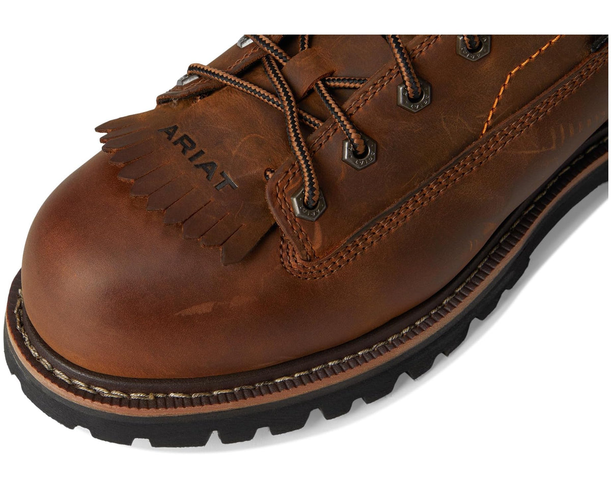 Men's copper brown work boot toe and laces with stitched overlays and lace-up eyelets