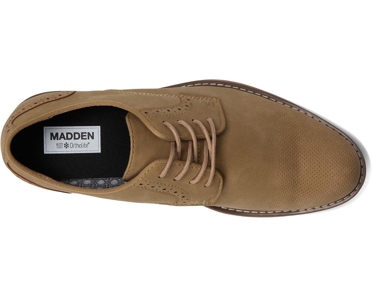 Men's taupe lace-up oxford shoe, side view; padded collar and MADDEN label