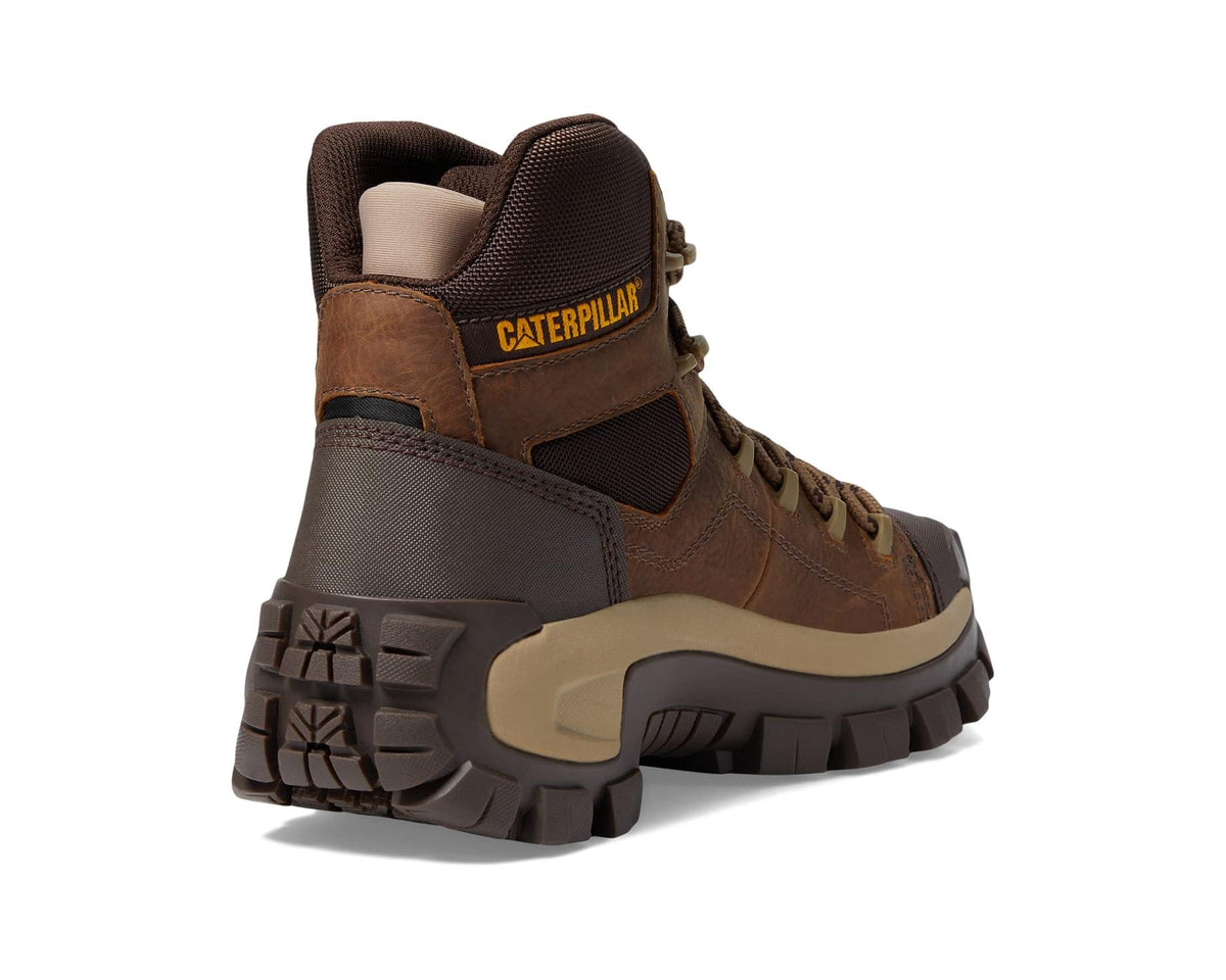 Men's brown high-top hiker boots from heel view with rugged tread outsole