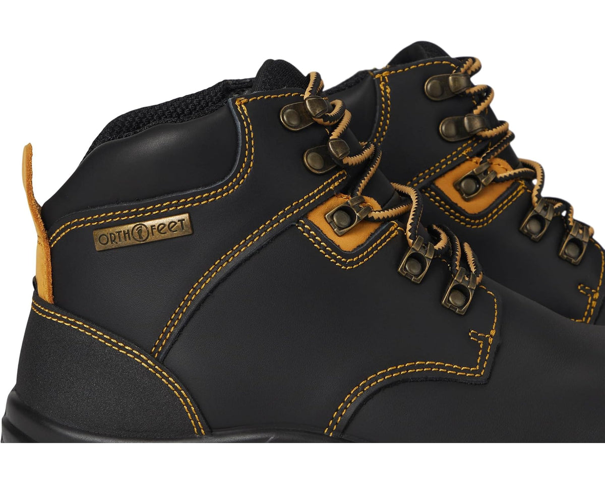 Black men's lace-up boot upper with tan stitching, eyelets, and Orthofe label