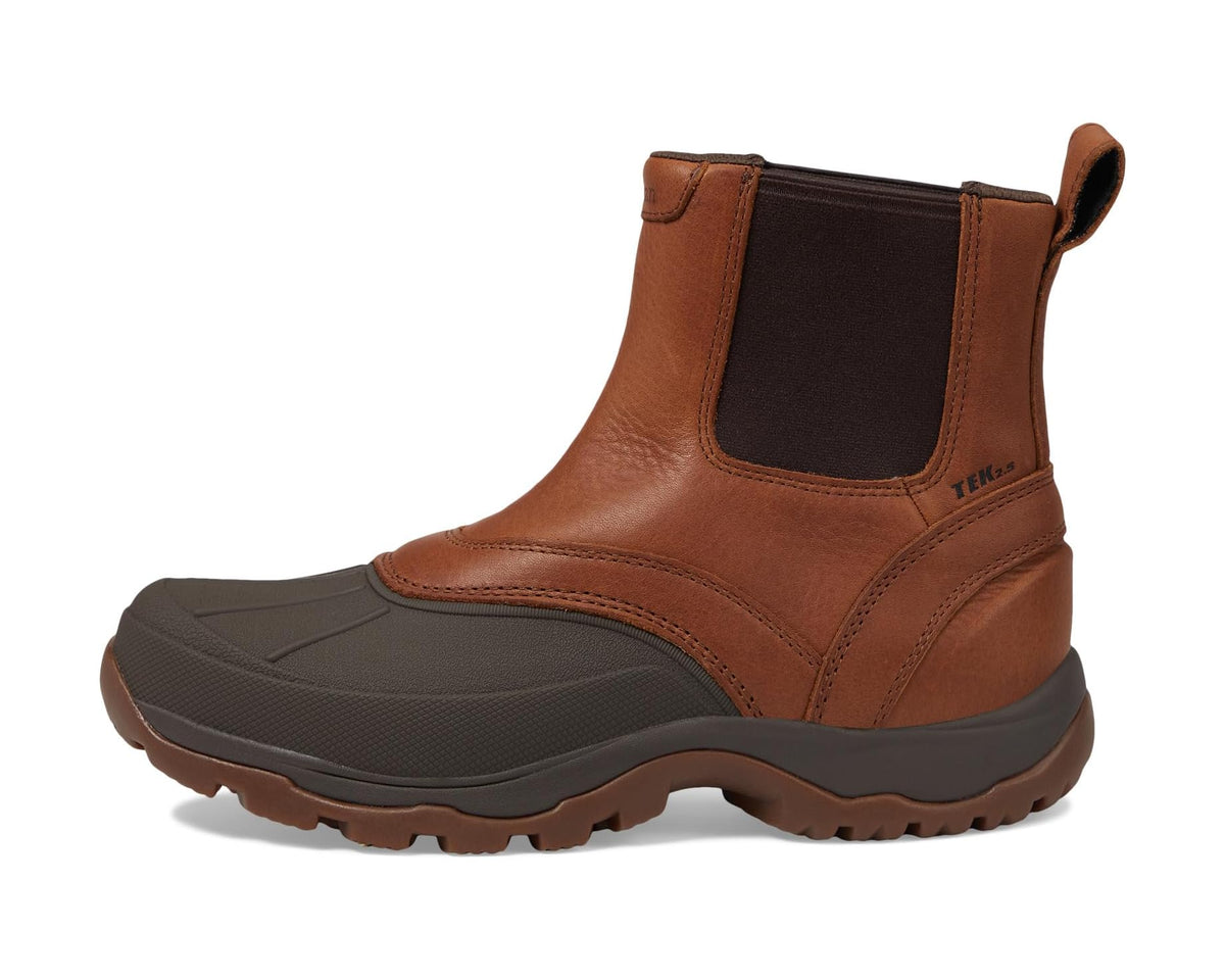 Side view of L.L.Bean chelsea boots, oakwood brown leather with dark elastic gore