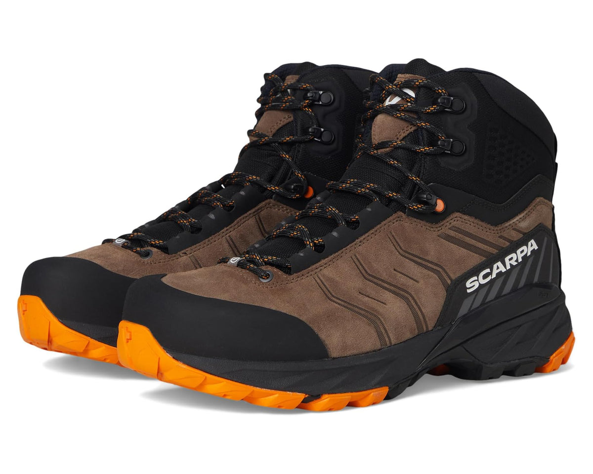 Men's Scarpa hiking boots in brown with black toe and bright orange outsole lugs