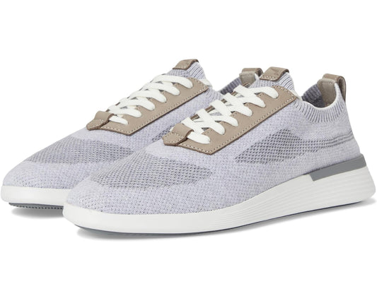Unisex gray knit lace-up trainer with tan leather-look panels and white rubber sole