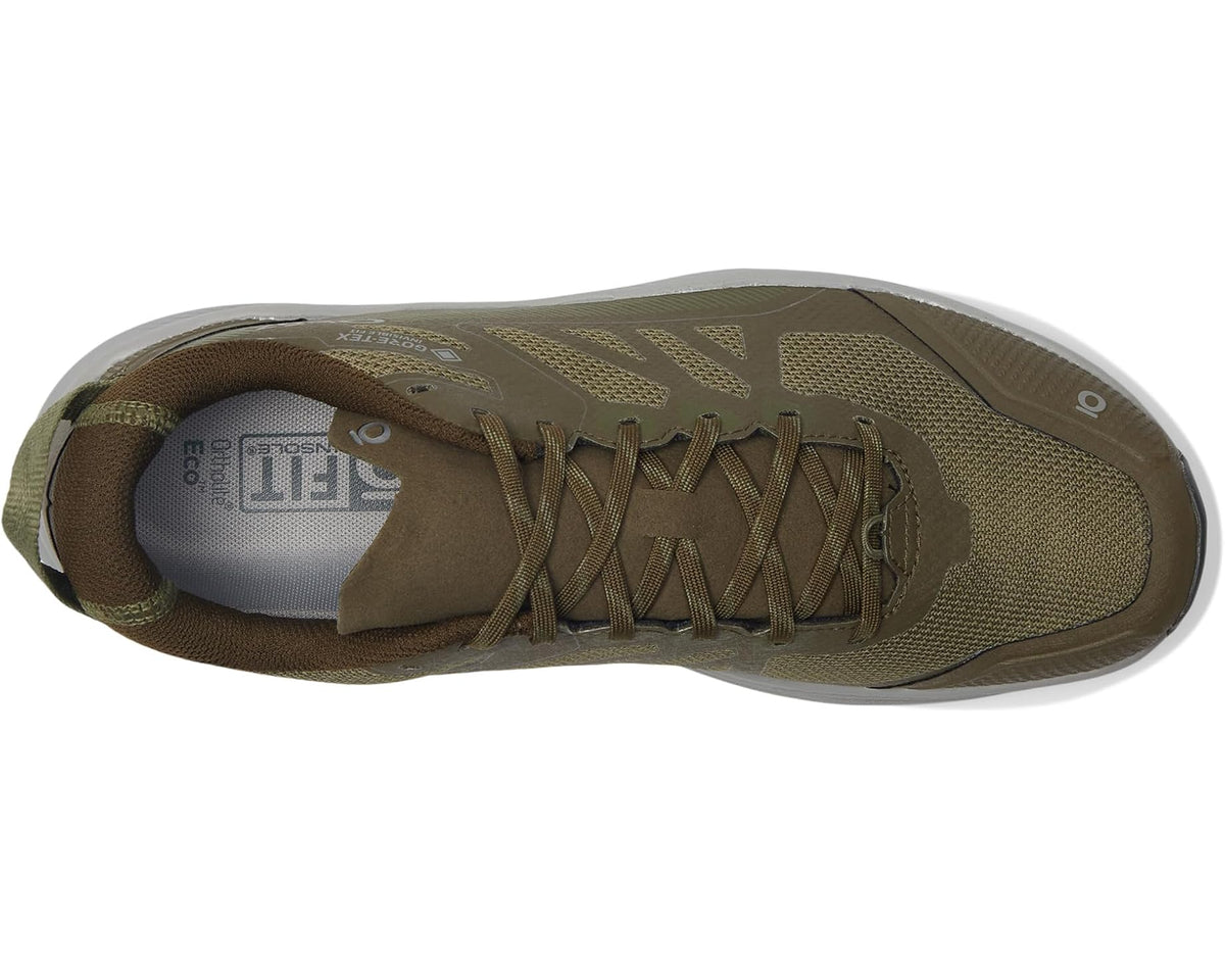 Men's low GTX trail shoes, olive upper with laces and cushioned tongue lining