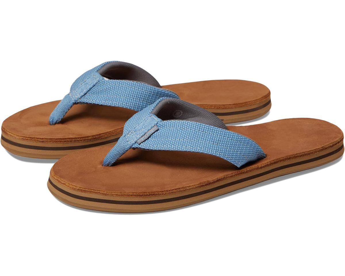 Men's sky blue fabric flip-flops with brown footbed and ridged rubber sole