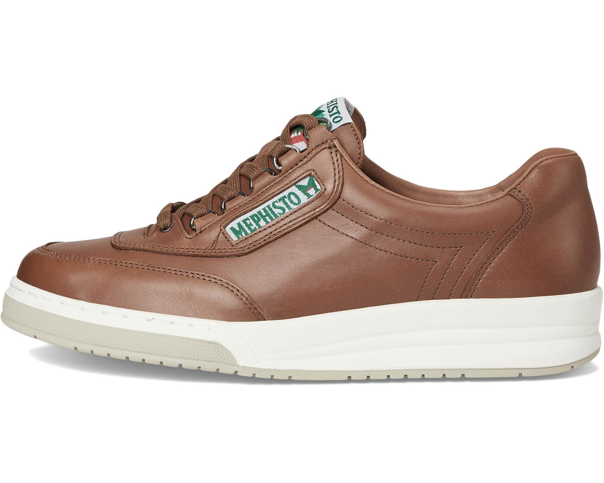 Men's hazelnut leather lace-up sneakers with green tongue label and white midsole