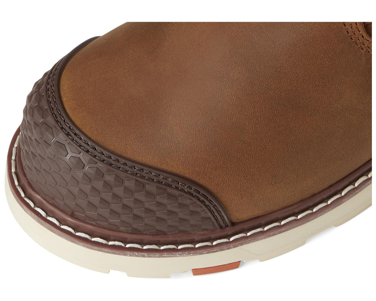 Brown composite-toe boot with textured side panel, contrast stitching, and cushioned sole edge