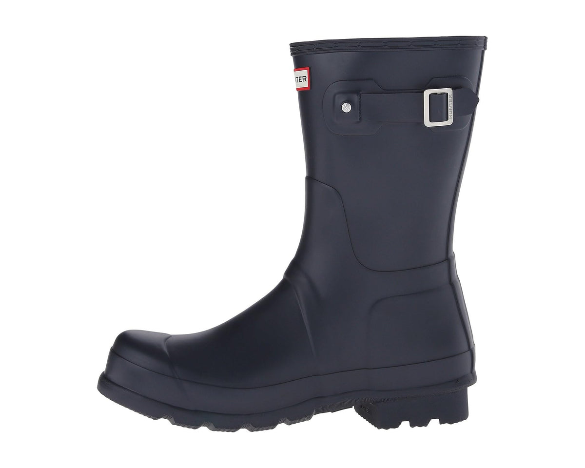 Navy short rain boots with adjustable side buckle and pull tab